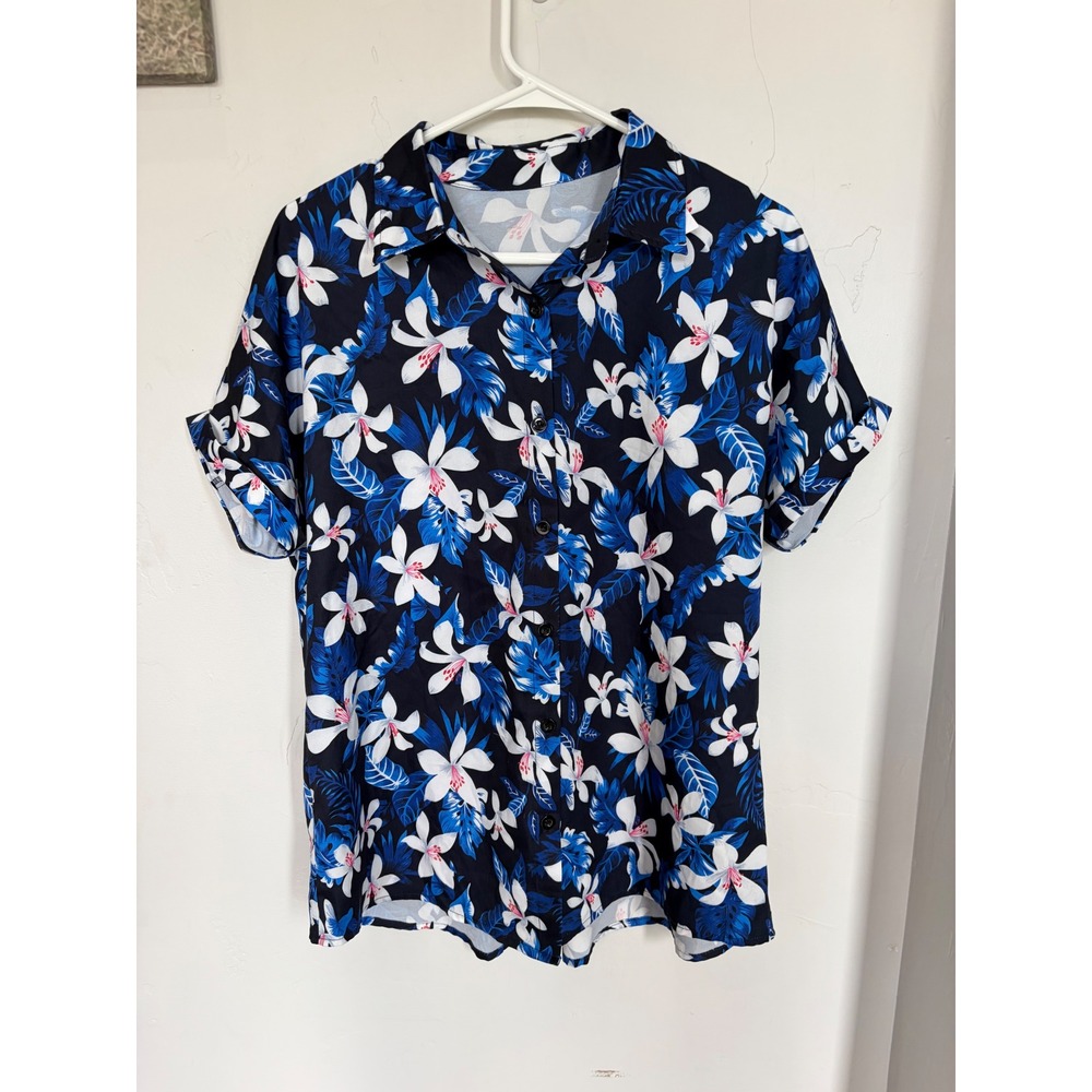 ION Women Tropical Floral Button Down Shirt Navy Blue White Lily Summer Top M - Picture 2 of 7